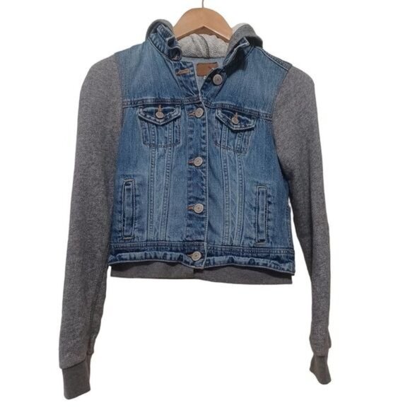 American Eagle Outfitters Hooded Denim Jacket Button Pocket Cotton Size XS - Picture 2 of 4